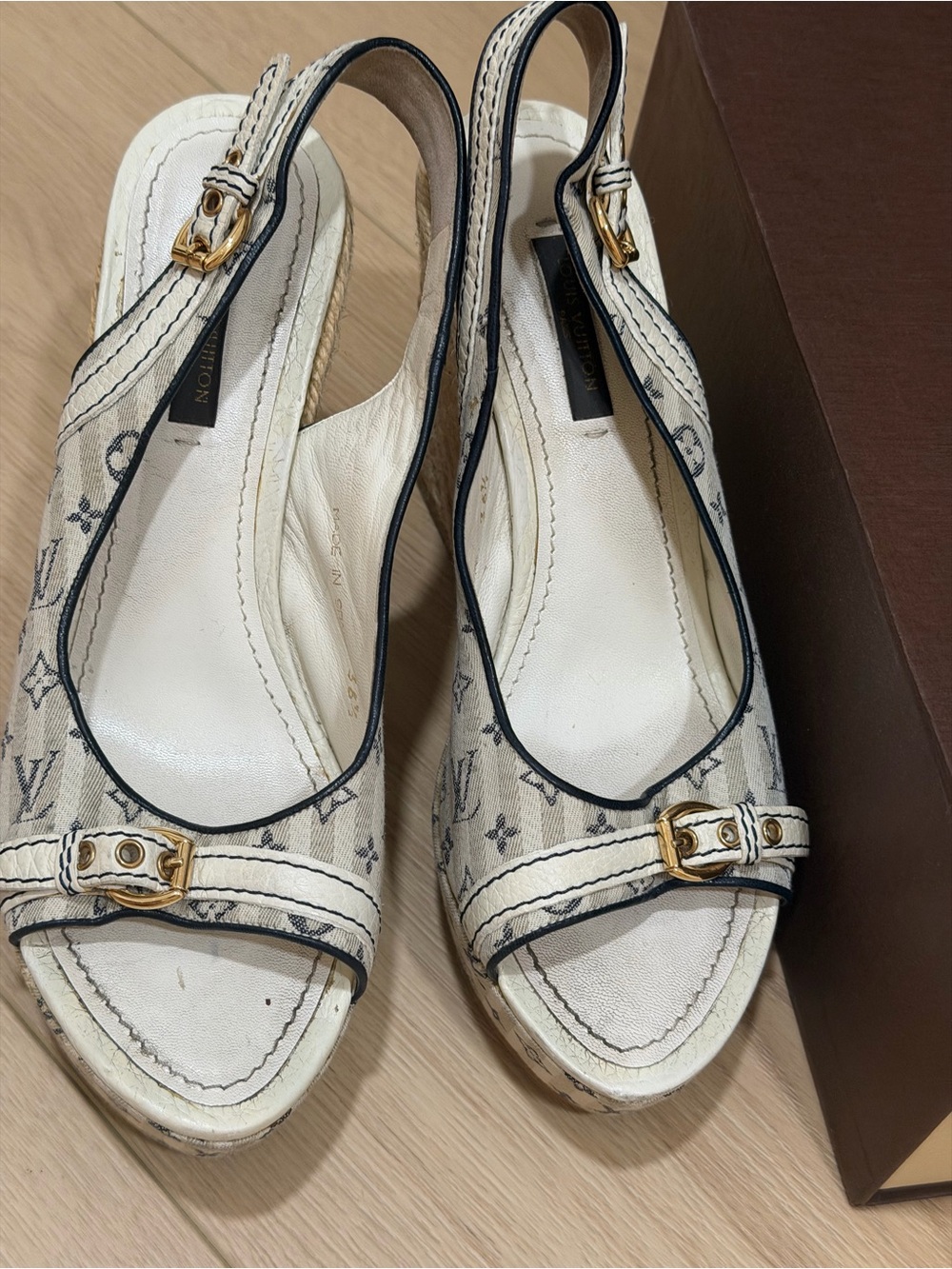 Louis Vuitton Cream and Black Monogram Slingback Wedges